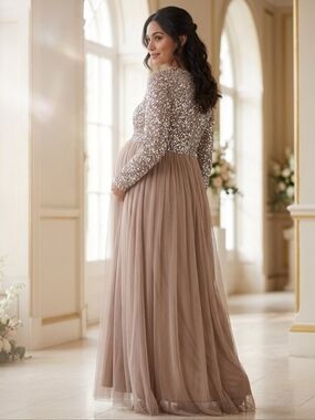 Maya Deluxe Maternity Sequin Tulle Long Sleeve Maxi Dress Taupe US 4